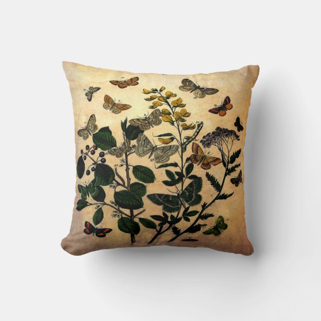 Åldrigt för botaniska blom- fjärilar för vintage kudde (Framsida)