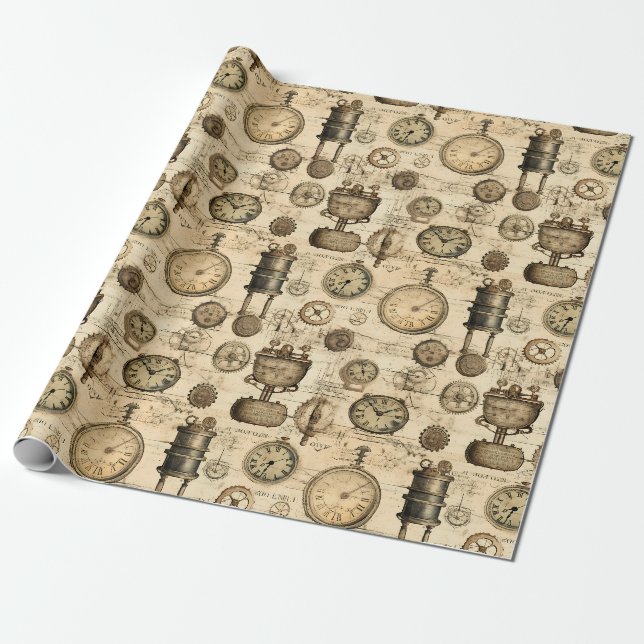 Åldrigt Steampunk Urverk Parchment Brun Presentpapper (Utrullad)