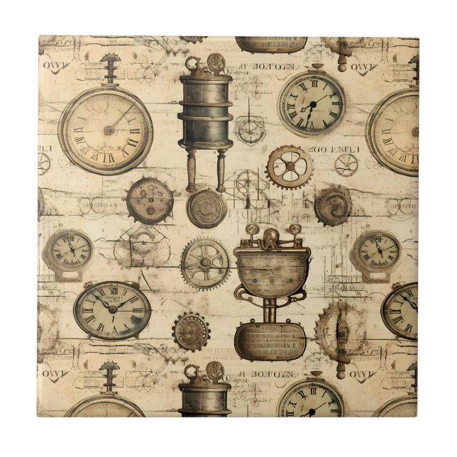 Åldrigt Steampunk Urverk Pergament Brun Kakelplatta (Framsidan)