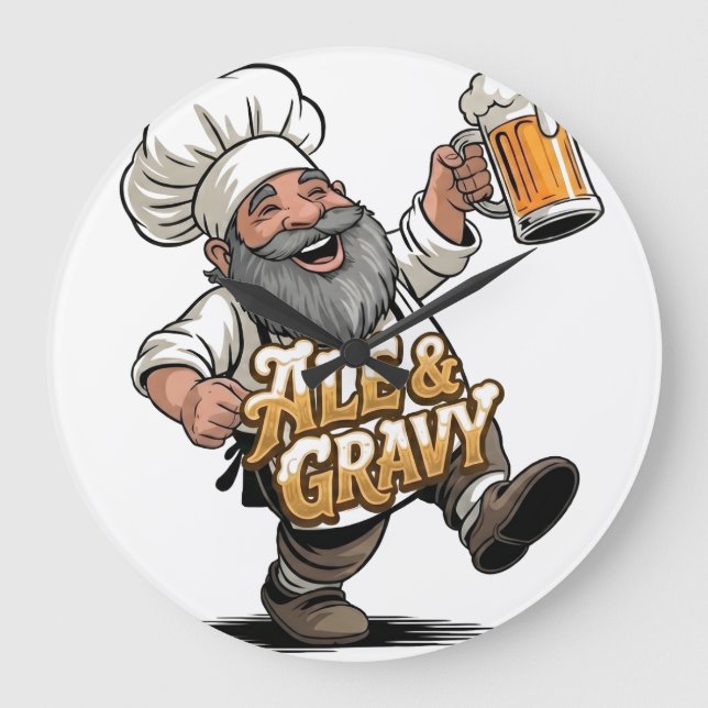 Ale & Gravy logodesign med en glad kock Stor Klocka (Framsida)
