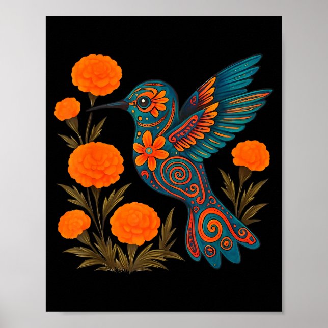 Alebrije Hummingbird Flower Mexican Folk Art Bird  Poster (Framsidan)