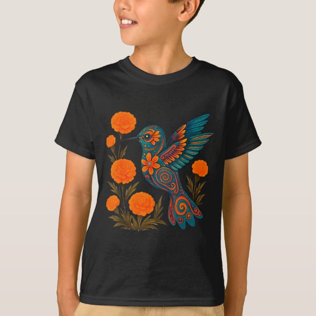 Alebrije Hummingbird Flower Mexican Folk Art Bird  T Shirt (Framsida)