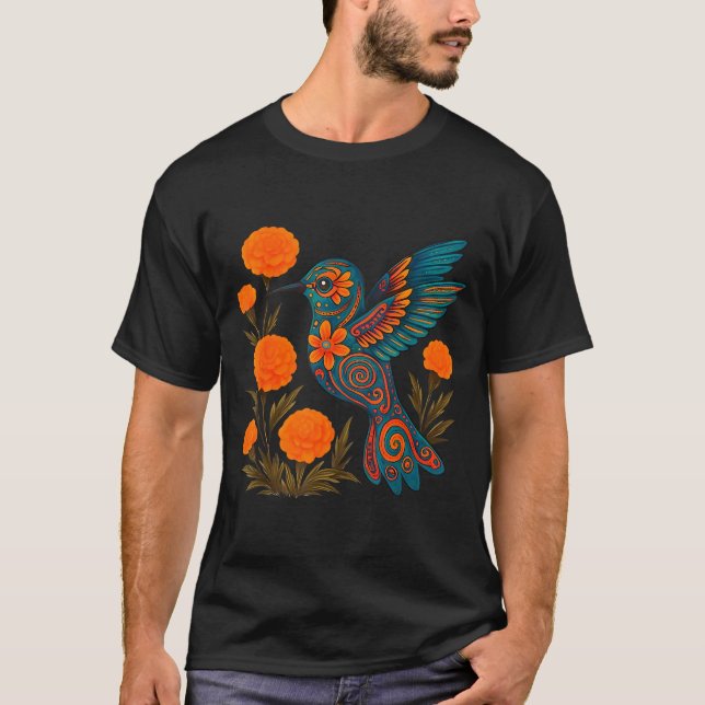 Alebrije Hummingbird Flower Mexican Folk Art Bird  T Shirt (Framsida)