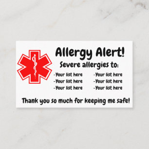 Alergy Alert Dining Card - på engelska och spansk Visitkort