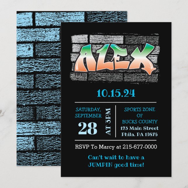 ALEX ditt namn Graffiti Brick Wall Paint Splatter Inbjudningar (Fram/baksida)