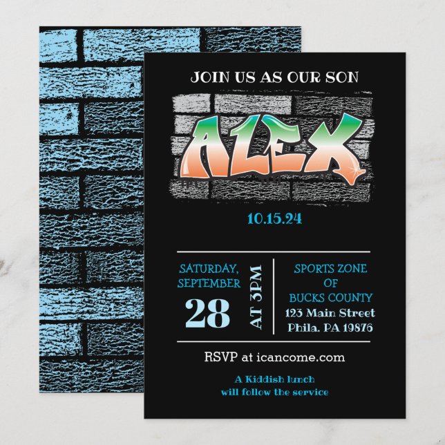 ALEX ditt namn Graffiti Brick Wall Paint Splatter Inbjudningar (Fram/baksida)
