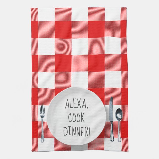Alexa Command humor på buffalo plaid Kökshandduk (Vertikal)