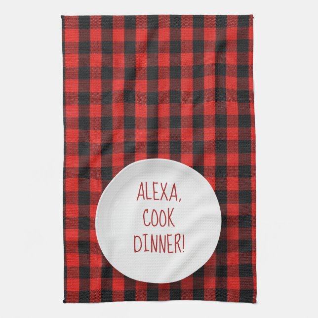 Alexa Command humor på buffalo plaid Kökshandduk (Vertikal)