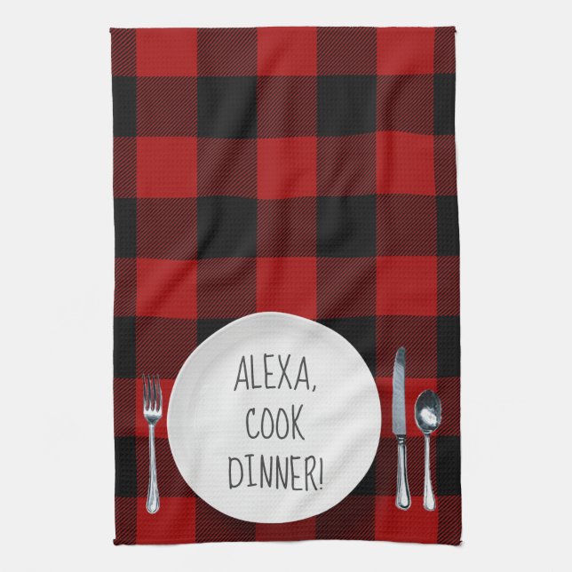 Alexa Command humor på buffalo plaid Kökshandduk (Vertikal)