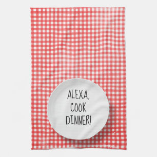 Alexa Command humor på röd gingham Kökshandduk