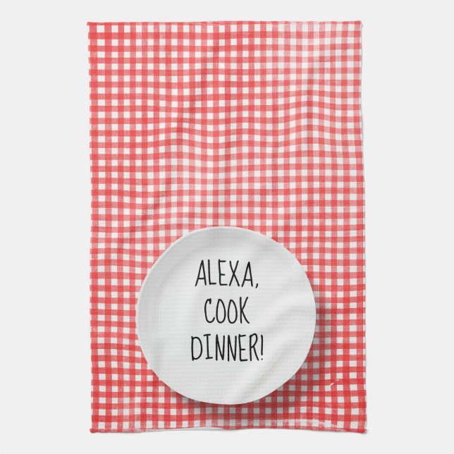Alexa Command humor på röd gingham Kökshandduk (Vertikal)