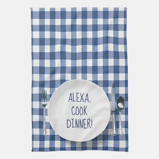 Alexa Command on Blue Gingham Kökshandduk (Vertikal)