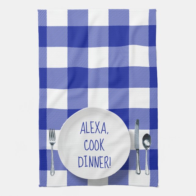Alexa kommando humor på buffelplaid kökshandduk (Vertikal)