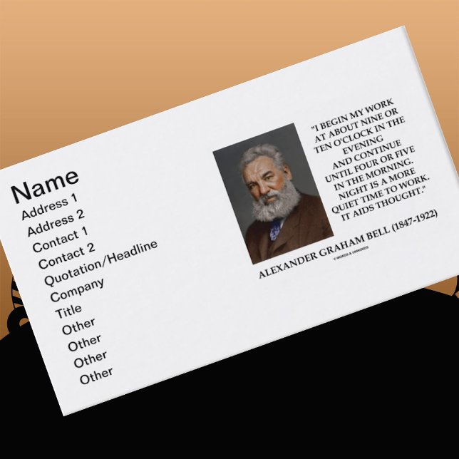 Alexander Graham Bell Night More Quiet Time Work Visitkort (Alexander Graham Bell work quote for night owls on this business card)