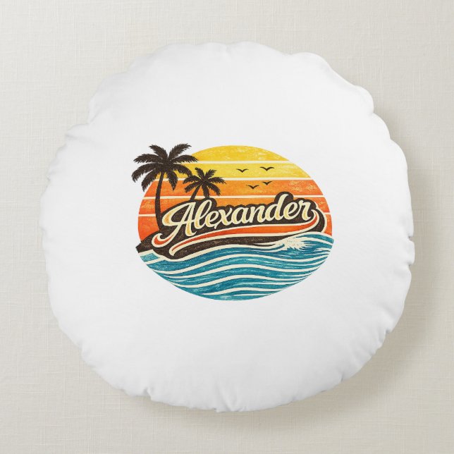 Alexander Retro Solnedgång Namn Design Rund Kudde (Framsidan)