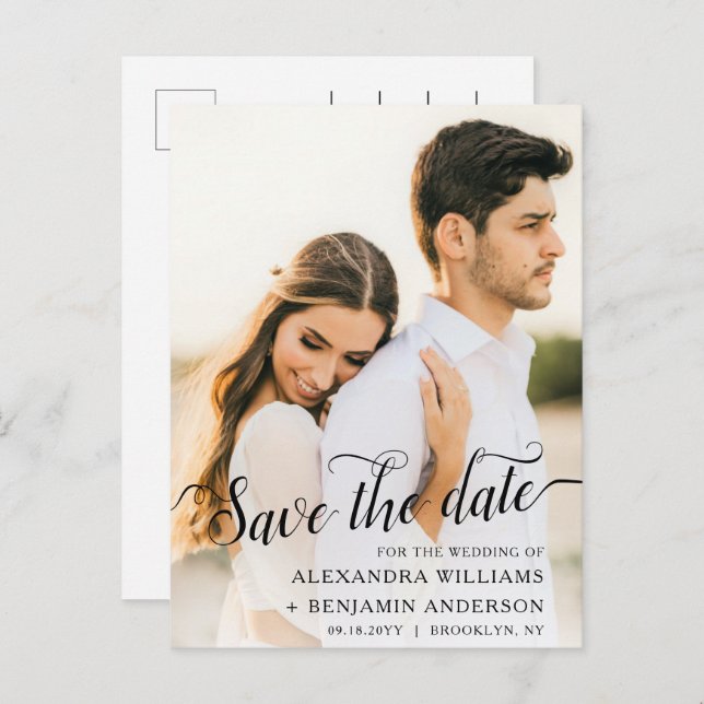 Alexandra Elegant Svart Script Foto Spara datumet Meddelande Vykort (Fram/baksida)