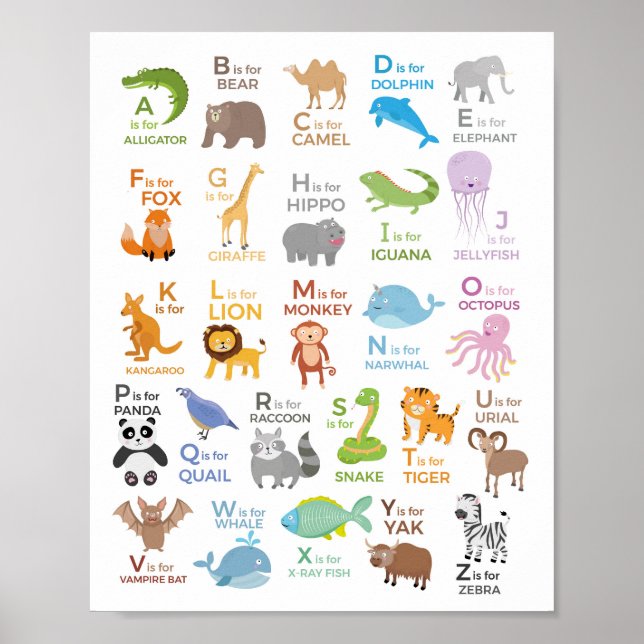 Alfabet Djur Poster A - Z Barn Utbildning (Framsidan)