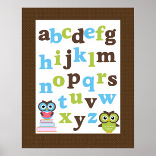 Alfabet Poster för Nursery Blue Grönt Uggla