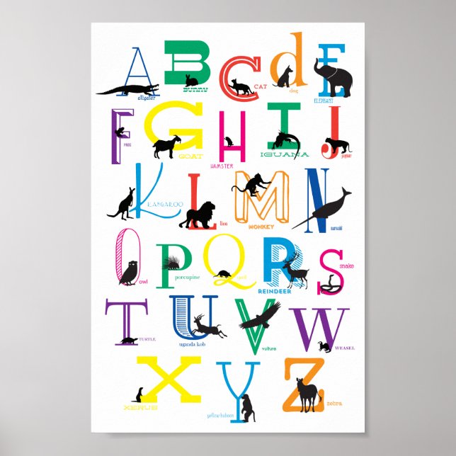 Alfabet Poster med animaliska Silhouettes (Framsidan)
