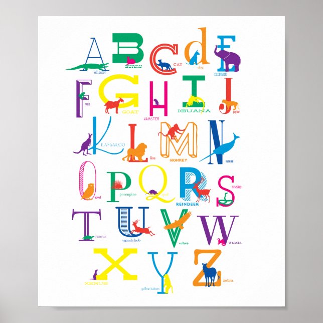 Alfabet Poster med animaliska Silhouettes i Färg (Framsidan)