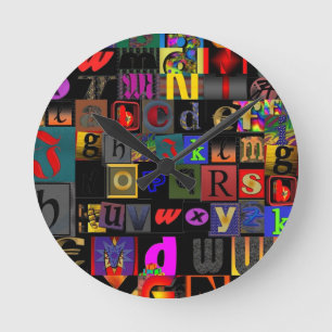 Alfabet Soppa, mosaiskt brev, roligt colorfu Rund Klocka