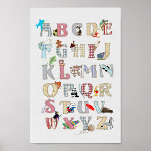 Alfabetet Nursery Art söta bilder tyg look Poster