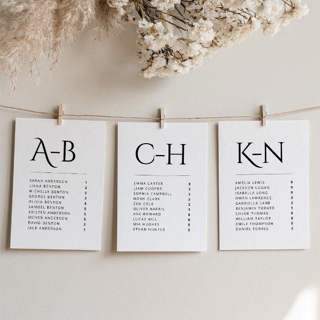 Alfabetisk Bordplacering Individuell Kort (Minimalist Black and White Individual Cards Seating Chart)