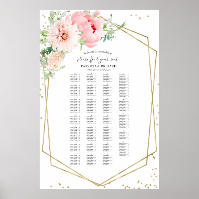 Alfabetisk Bordplan Blush Blommig Poster (Framsidan)
