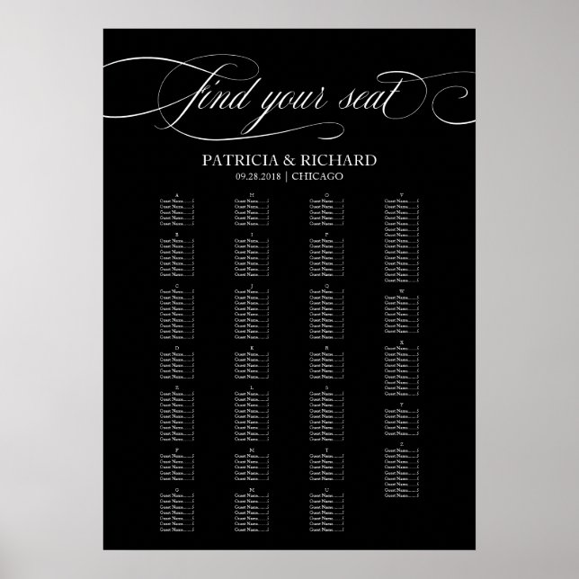 Alfabetisk Bordsplacering Bröllop Elegant Svart Poster (Framsidan)