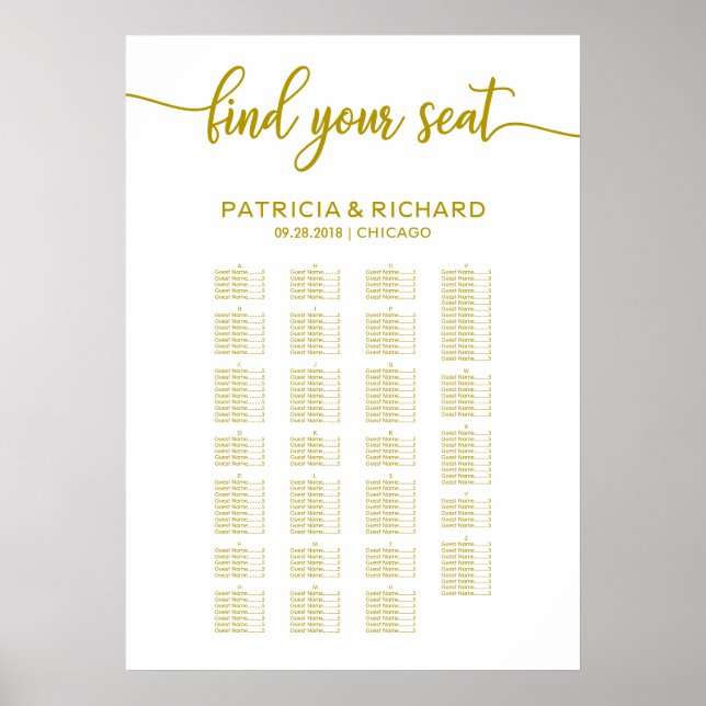 Alfabetisk bröllopsplatskarta elegant guld poster (Framsidan)
