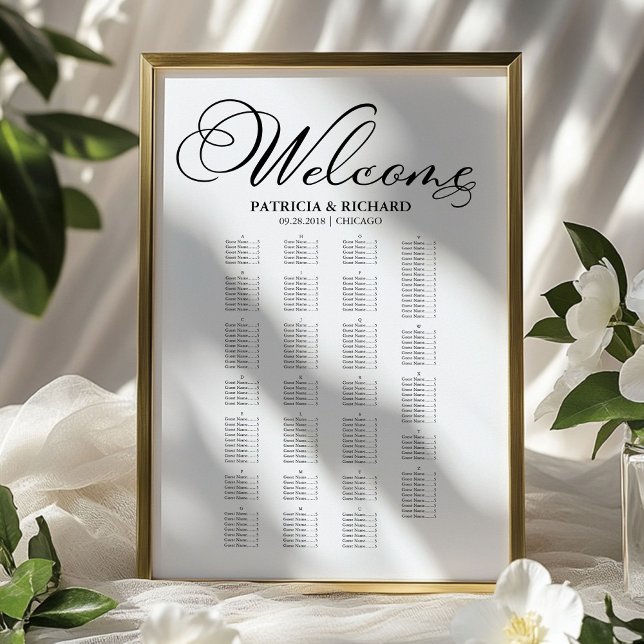 Alfabetisk bröllopsplatskarta elegant skrift poster (Skapare uppladdad)