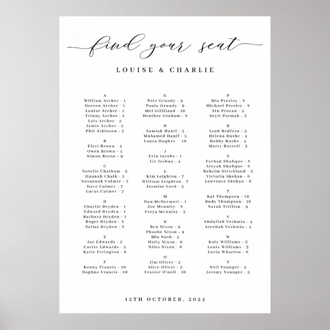 Alfabetisk Elegant Bröllopsställningsdiagram Poster (Framsidan)