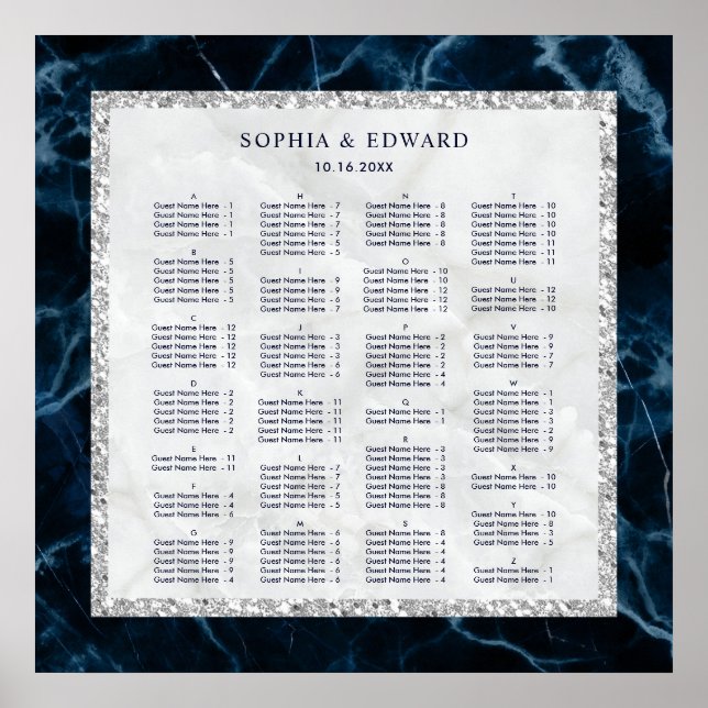 Alfabetisk ordning Marmor Bröllops Placeringsplan Poster (Framsidan)