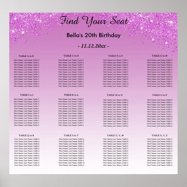 Alfabetisk sittningsplan för rosa Glitter födelsed Poster (Framsidan)