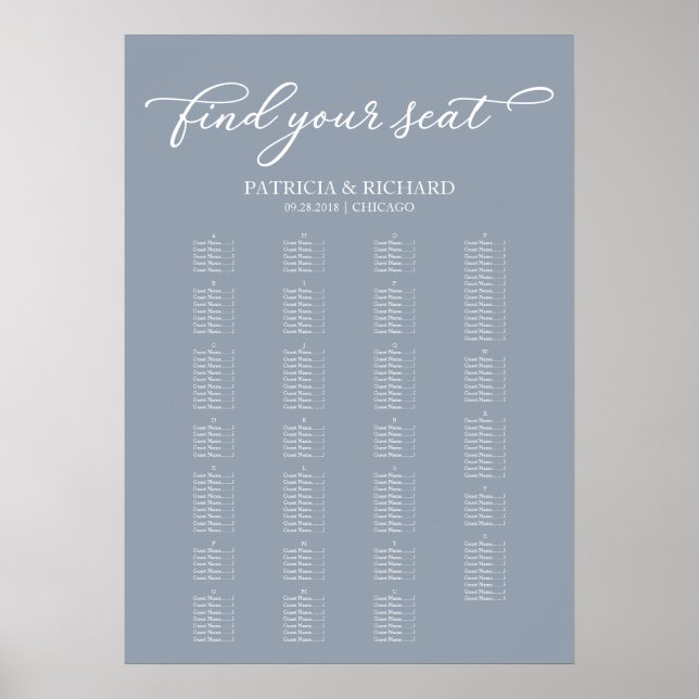 Alfabetisk Sittplatskarta Elegant Dammig Blå Poster (Framsidan)