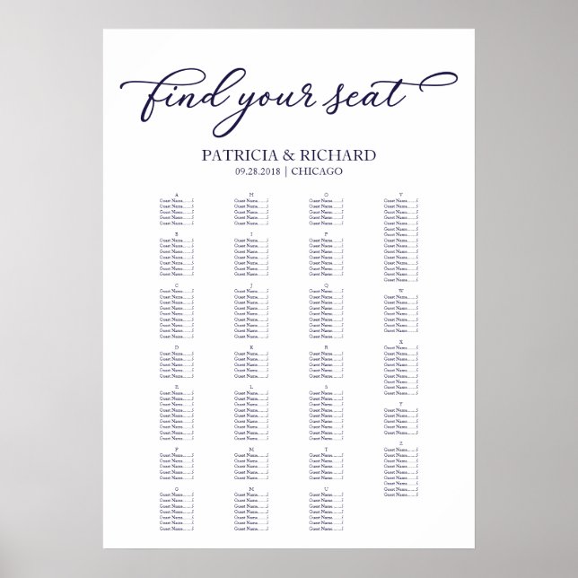 Alfabetisk Sittplatsschema Navy Blue Script Poster (Framsidan)