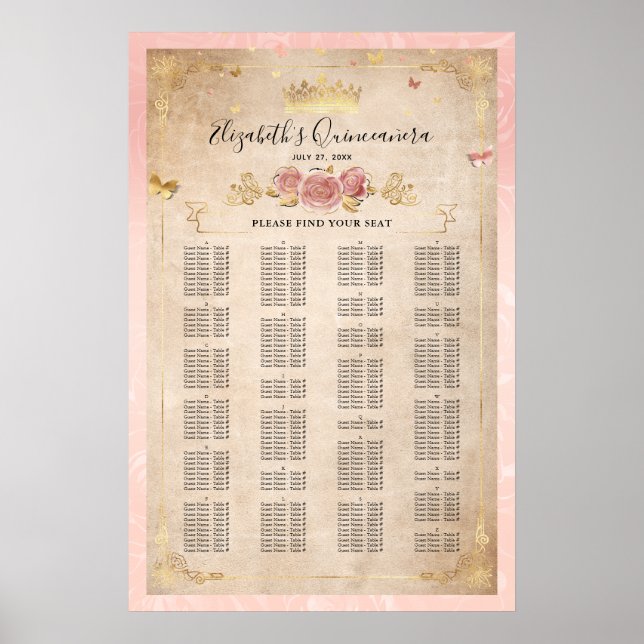  alfabetiska sittningsschema för Rosa ros & Guld Poster (Framsidan)