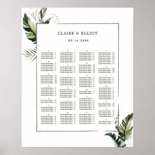 ALFABETISKT ORDER Tropiskt säte Bröllop Poster (Framsidan)