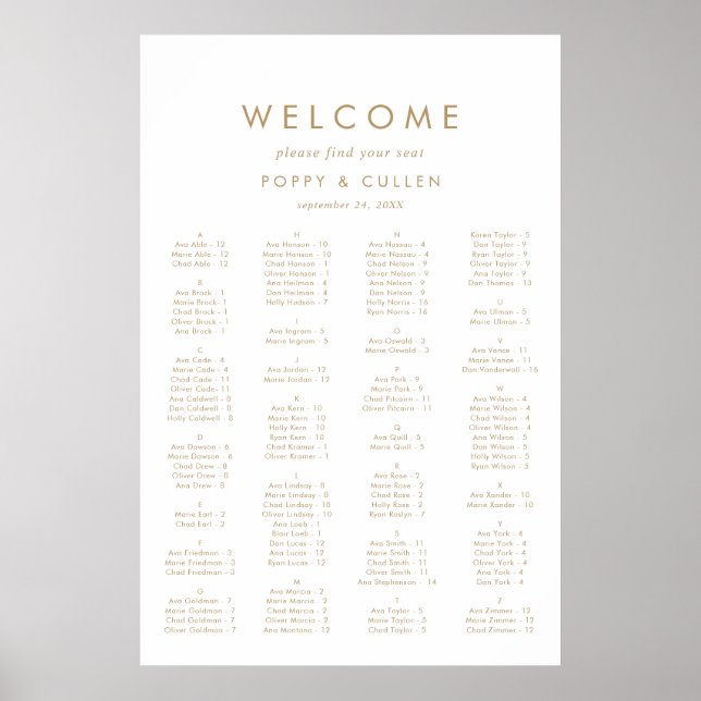 Alfabetiskt sittningsschema för chic Guld-typograf Poster (Framsidan)