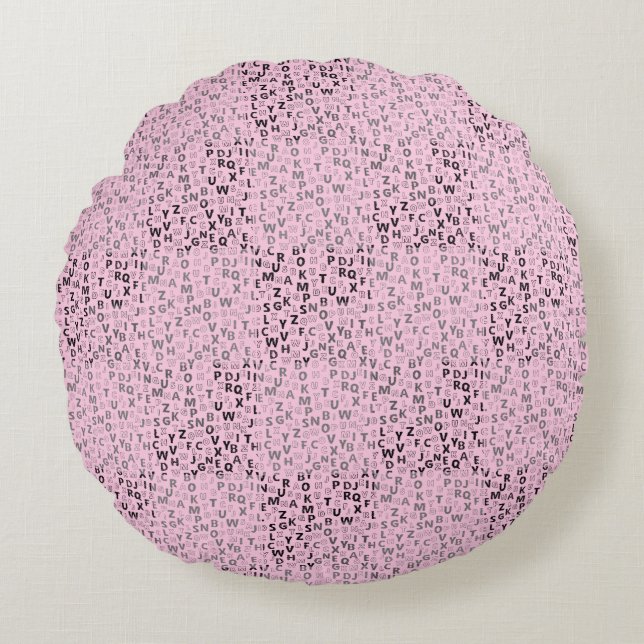 Alfabets Mönster 01 BW.w LPink BG Rund Kudde (Framsidan)