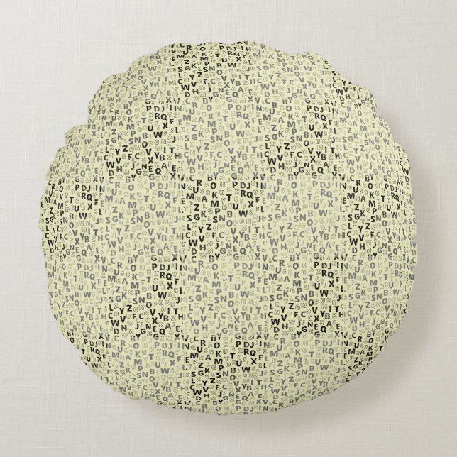 Alfabets Mönster 01 BW. w LYellow BG Rund Kudde (Framsidan)