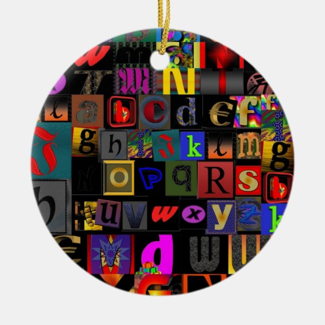 Alfabetssoppa, mosaikbokstäver design, rolig färgr julgransprydnad keramik (Framsidan)