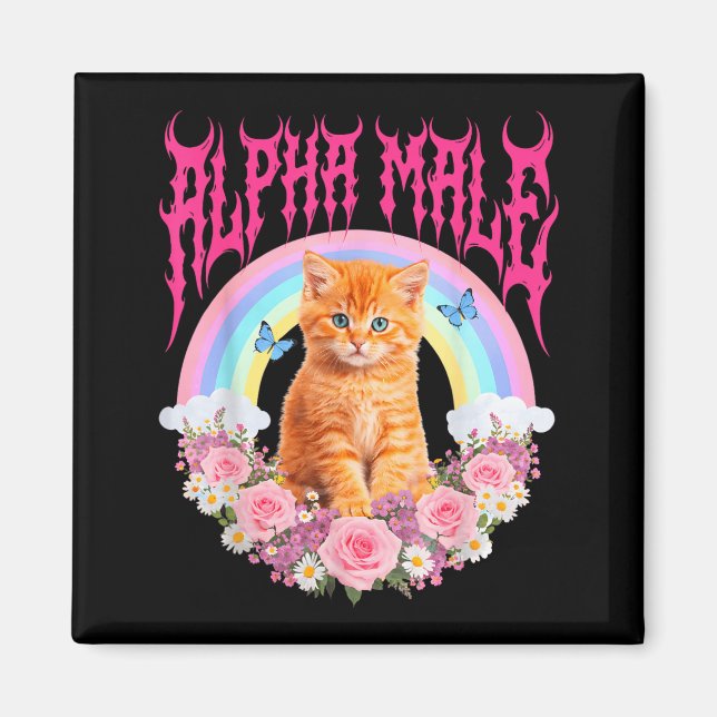 Alfahane Kat Roligt Kattunge Regnbåge Blommig Dum Magnet (Framsidan)