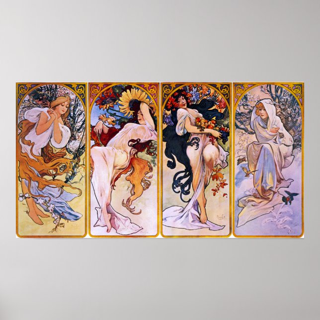Alfons Mucha Art nouveau Four Seasons Painting Poster (Framsidan)