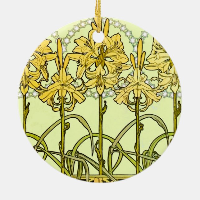 Alfonse Mucha Art Nouveau liljmönster klassiker Julgransprydnad Keramik (Baksidan)