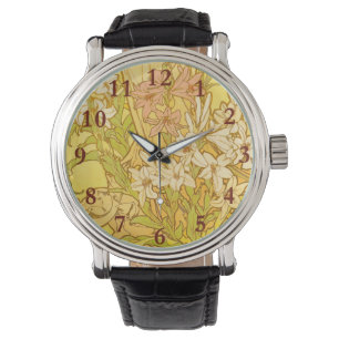 Alfonse Mucha Art Nouveau liljor blommor Armbandsur