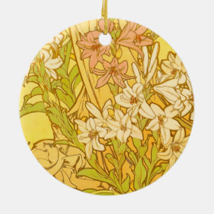 Alfonse Mucha Art Nouveau liljor blommor Julgransprydnad Keramik