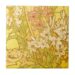 Alfonse Mucha Art Nouveau liljor blommor Kakelplatta