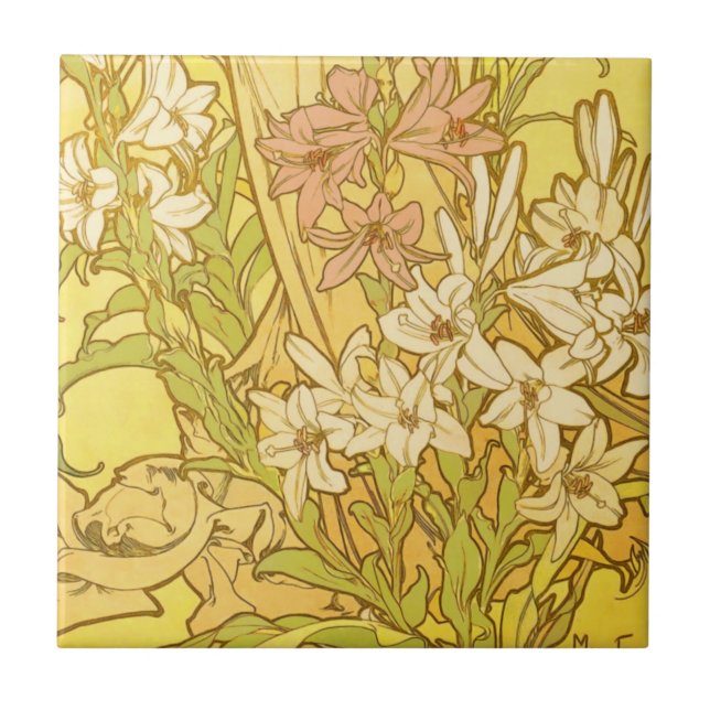 Alfonse Mucha Art Nouveau liljor blommor Kakelplatta (Framsidan)