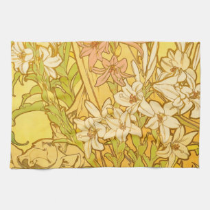 Alfonse Mucha Art Nouveau liljor blommor Kökshandduk